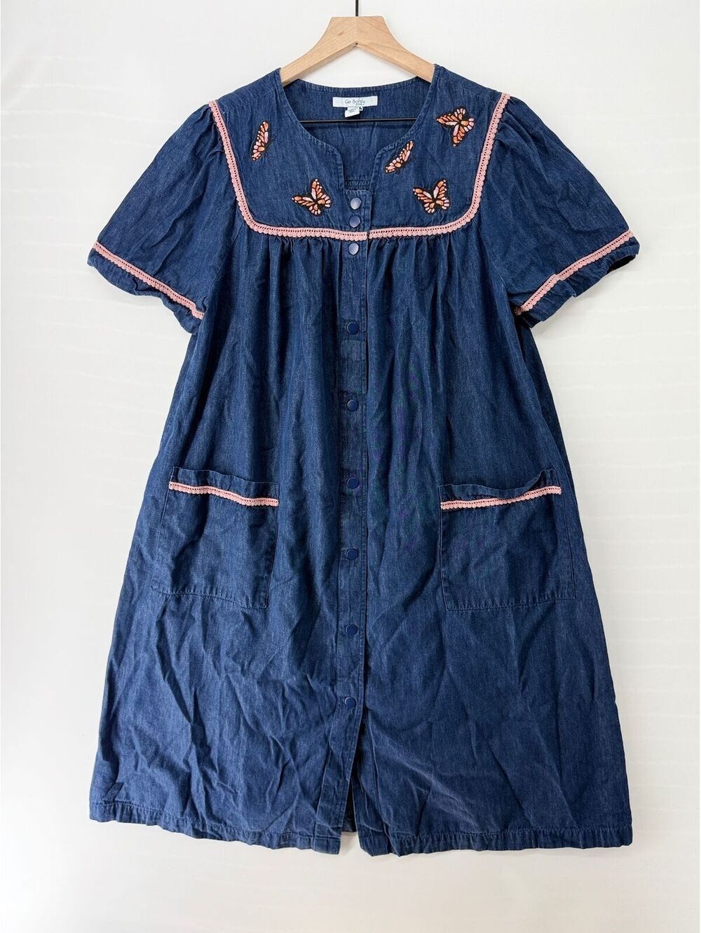 Go Softly Patio Chambray Butterfly Embroidered Dress Women's Medium Cottagecore